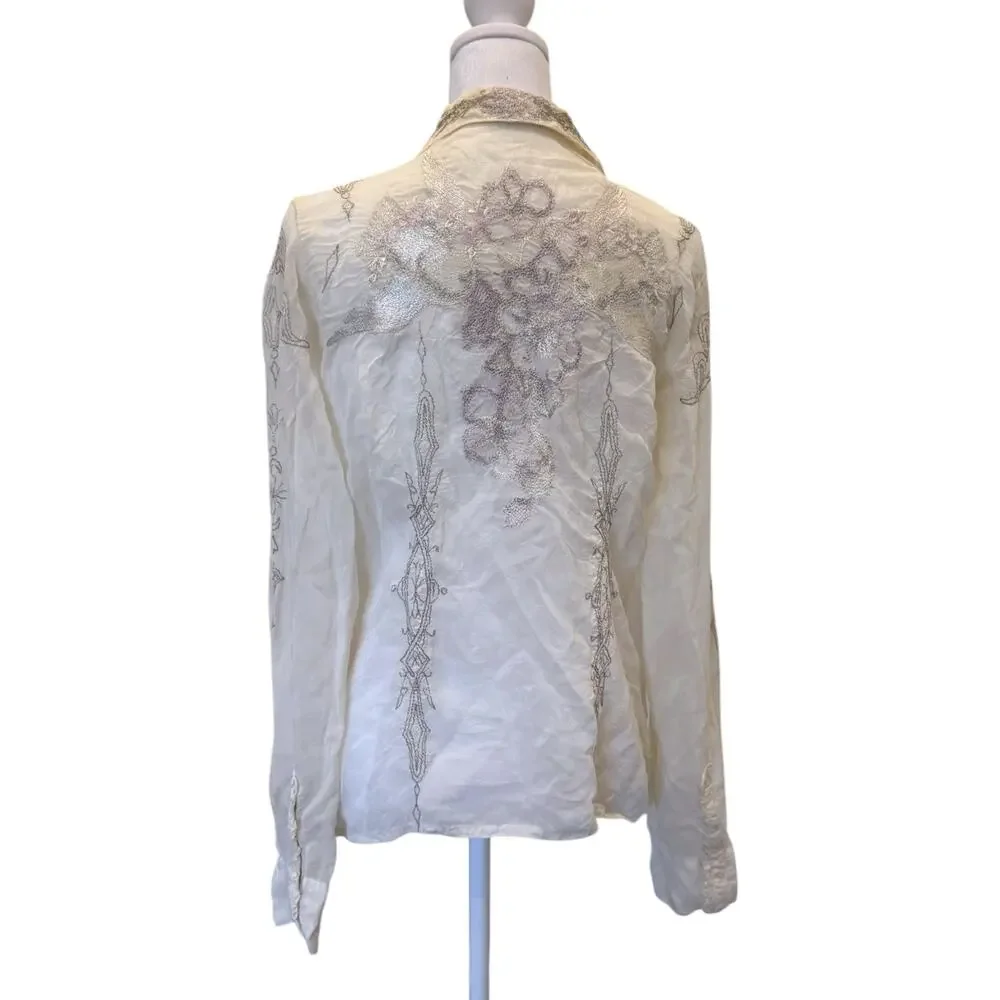 JOHNNY WAS Cream Silk Embroidered Crinkle Button-Down Blouse Medium EUC - Picture 3 of 5